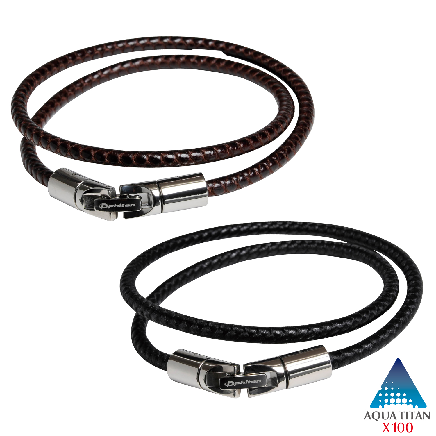 Phiten RAKUWA Bracelet X100 Leather-Textured Model Black & Brown Set  32/40 cm 